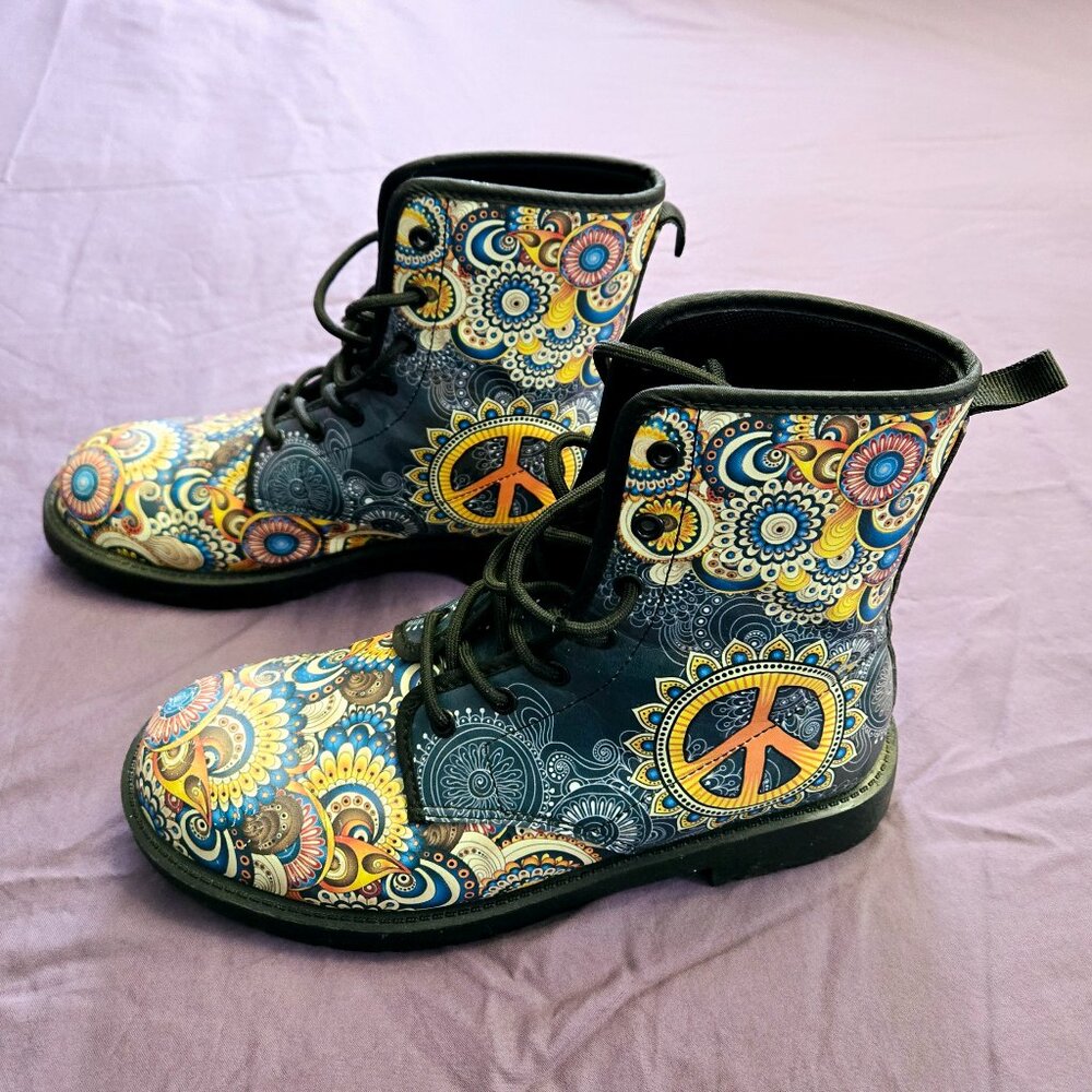 Yes We Vibe Sunflower Peace Boots size 9 women 7 men 40 EU vegan leather